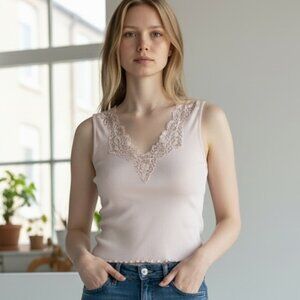 Ralph Lauren Pink V Neck Lace Trim Sleeveless Tank Top Pink Shirt Size Large